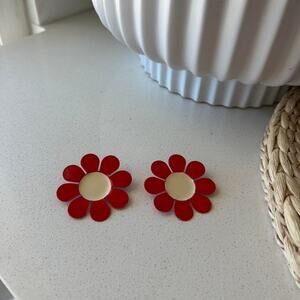 Earrings Red Flower Earrings, Enameled Metal Flower Jewel Art Deco Vintage